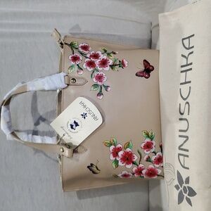 Anuschka leather handpainted cherry blossom butterfly  NWT cream handbag